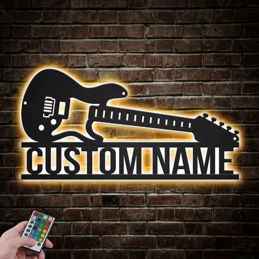 Custom Name Guitar Metal Signs, Guitar Studio Name Wall Decor, Metal Wall Signs With RGB Led Light