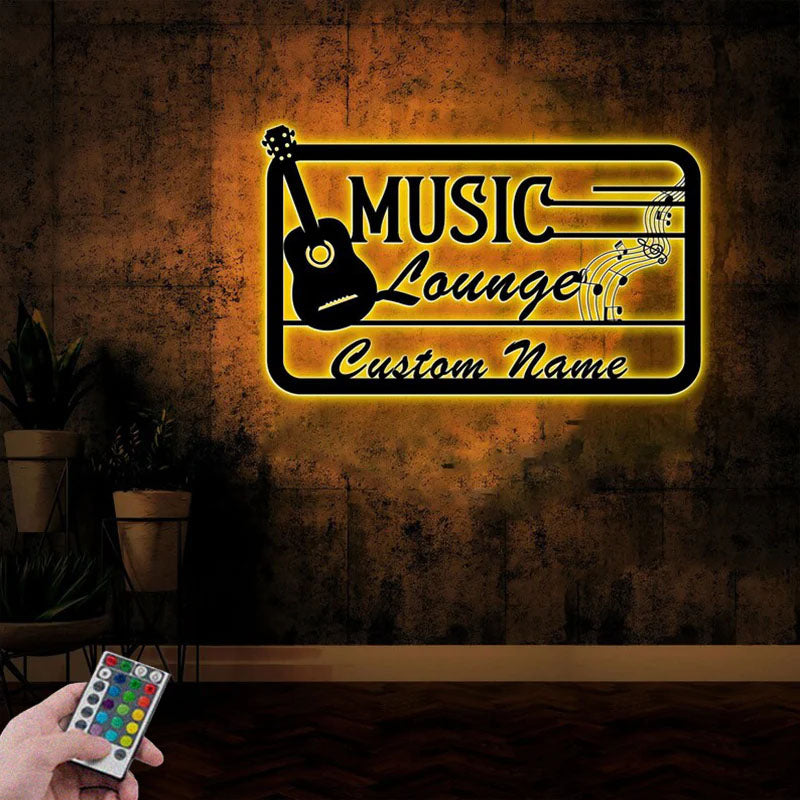 Custom Name Guitar Music Lounge Name Sign Monogram Home Decor Studio Room, Metal Wall Signs With RGB Led Light
