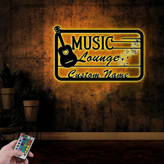 Custom Name Guitar Music Lounge Name Sign Monogram Home Decor Studio Room, Metal Wall Signs With RGB Led Light