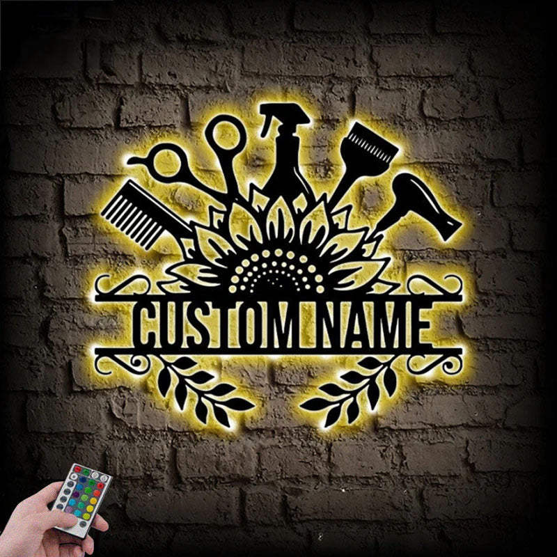 Custom Name Hair Salon Wall Art, Metal Wall Signs With RGB Led Light
