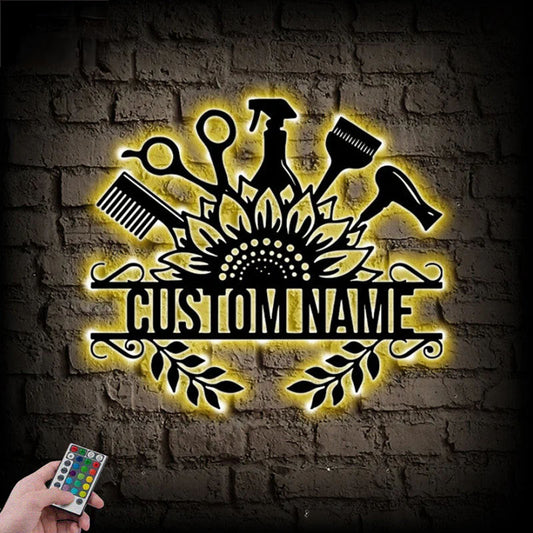 Custom Name Hair Salon Wall Art, Metal Wall Signs With RGB Led Light
