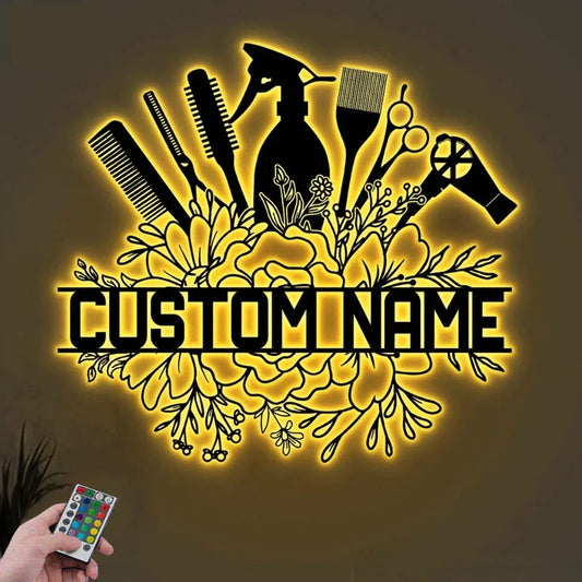 Custom Name Hair Salon, Metal Wall Signs With RGB Led Light