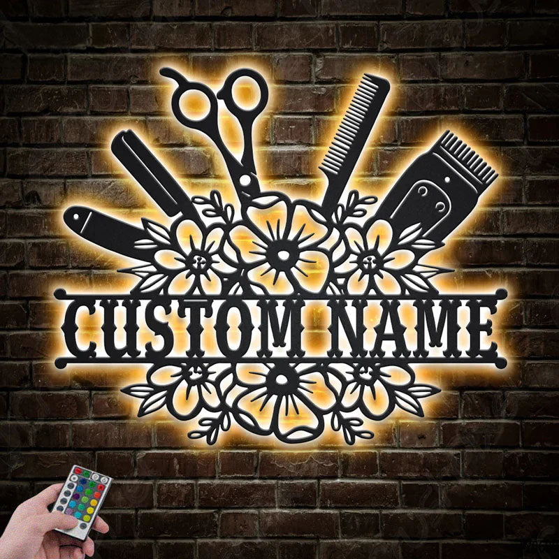 Custom Name Hair Stylist, Metal Wall Signs With RGB Led Light