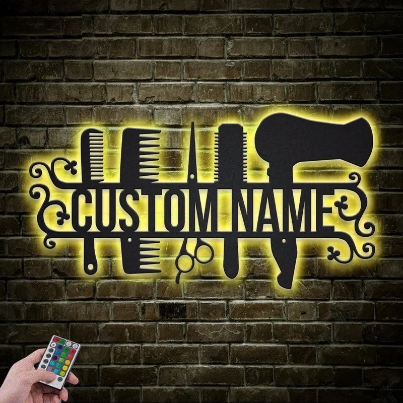 Custom Name Hairdresser Tools, Metal Wall Signs With RGB Led Light
