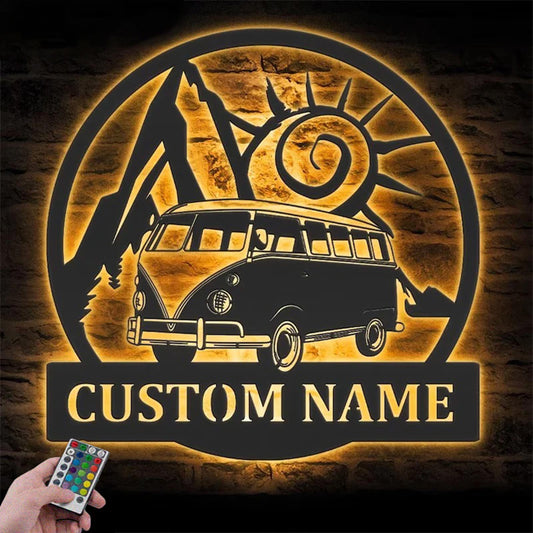 Custom Name Hippie Bus Van Name Sign Home Decor Metal Wall Signs With RGB Led Light