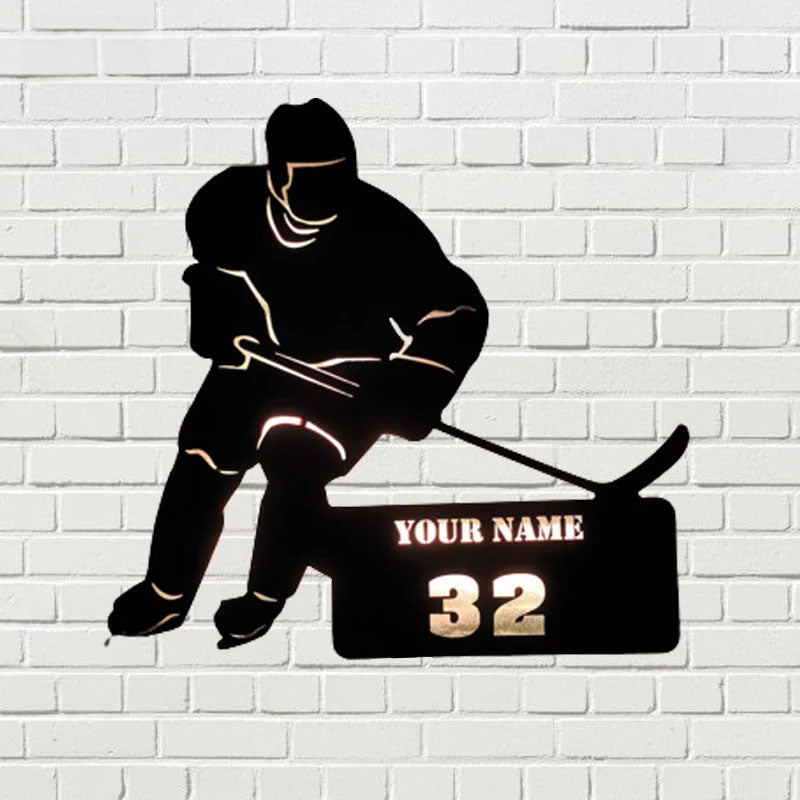 Custom Name Hockey Player Sign, Metal Wall Signs With RGB Led Light