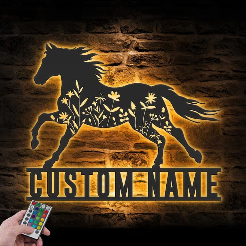 Custom Name Horse Flower Name Sign Home Decor Horse Barn, Metal Wall Signs With RGB Led Light