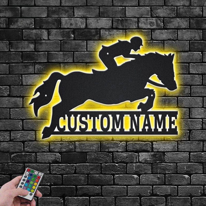 Custom Name Horse Jumping Name Sign Decoration For Room, Metal Wall Signs With RGB Led Light