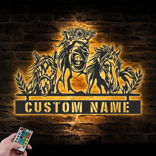 Custom Name Horse Livestock Name Sign Home Decor Horse Barn, Metal Wall Signs With RGB Led Light
