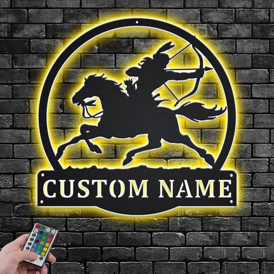 Custom Name Indian Riding Name Sign Decoration For Room, Metal Wall Signs With RGB Led Light