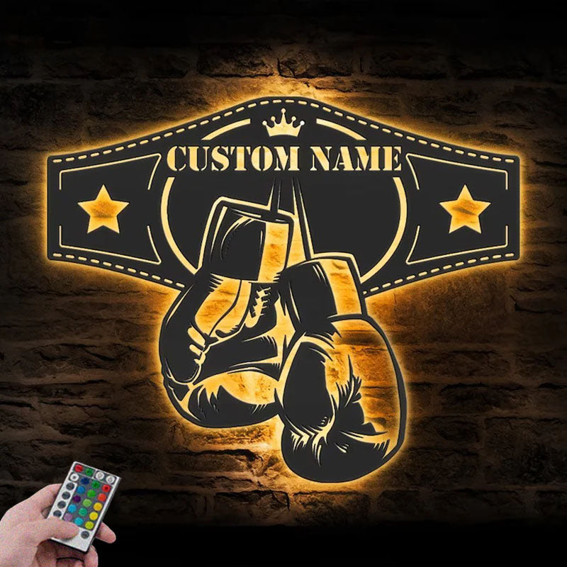 Custom Name King Boxer Belt Name Sign Home Decor Gym Room, Metal Wall Signs With RGB Led Light