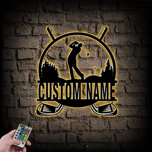 Custom Name LED Golfing Metal Wall Art, Metal Wall Signs With RGB Led Light