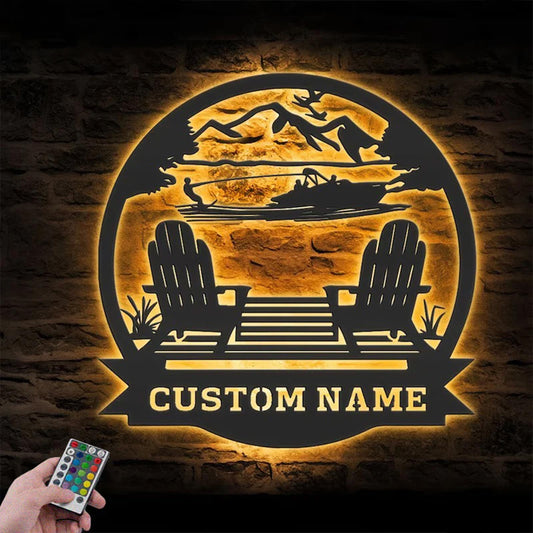 Custom Name Lake Mountain Scene Name Sign Home Decor Metal Wall Signs With RGB Led Light