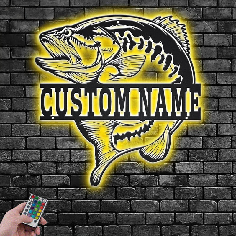 Custom Name Largemouth Bass Fish Name Sign Decoration For Room Metal Wall Signs With RGB Led Light