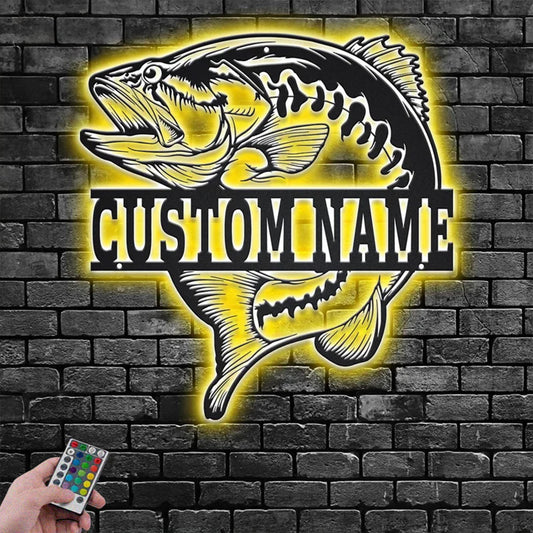 Custom Name Largemouth Bass Fish Name Sign Decoration For Room Metal Wall Signs With RGB Led Light