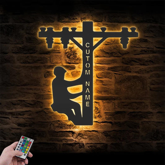 Custom Name Lineman Electrician Metal Wall Signs With RGB Led Light
