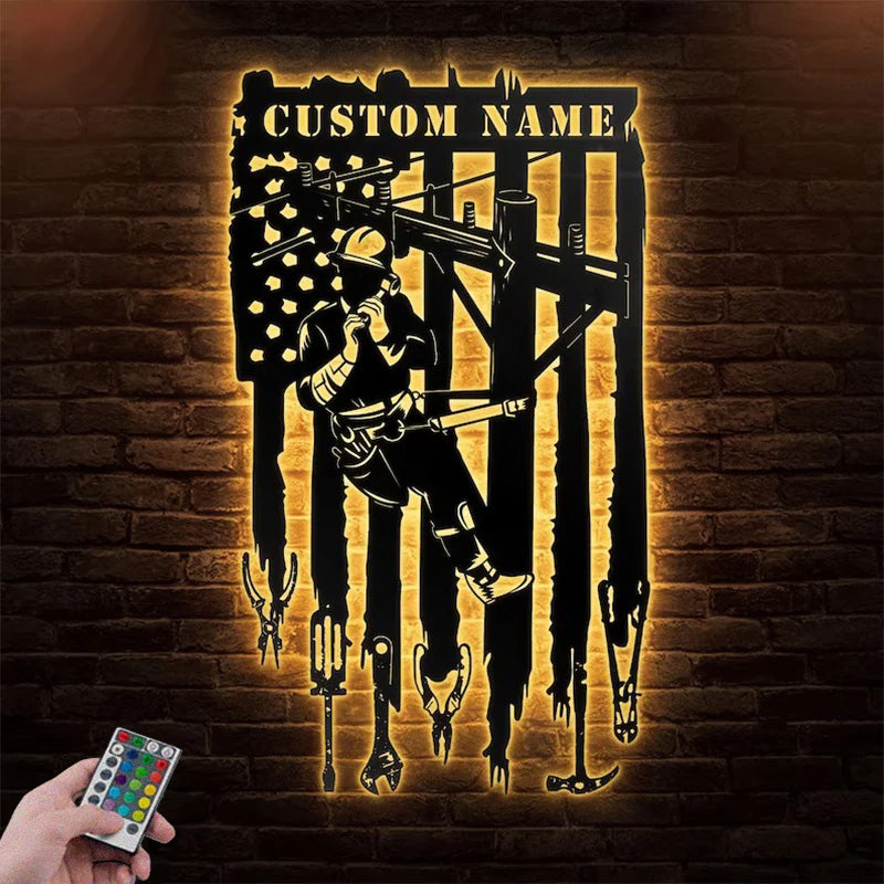 Custom Name Lineman Gifts Metal Wall Signs With RGB Led Light