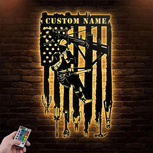 Custom Name Lineman Gifts Metal Wall Signs With RGB Led Light