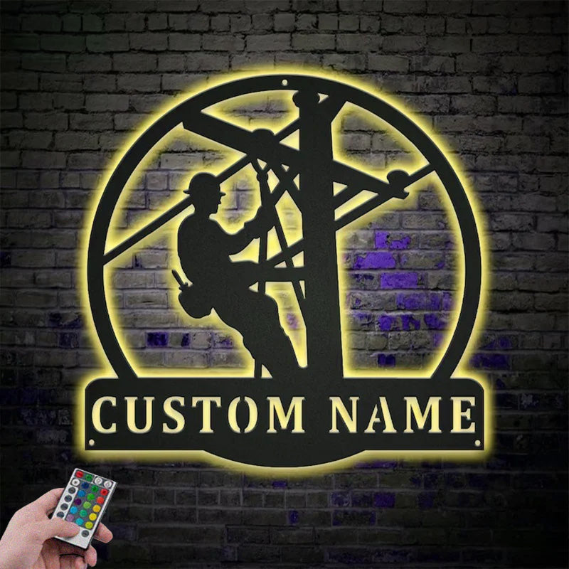 Custom Name Lineman Job Name Metal Wall Signs With RGB Led Light