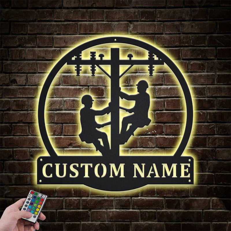 Custom Name Lineman Job Name Sign Metal Wall Signs With RGB Led Light