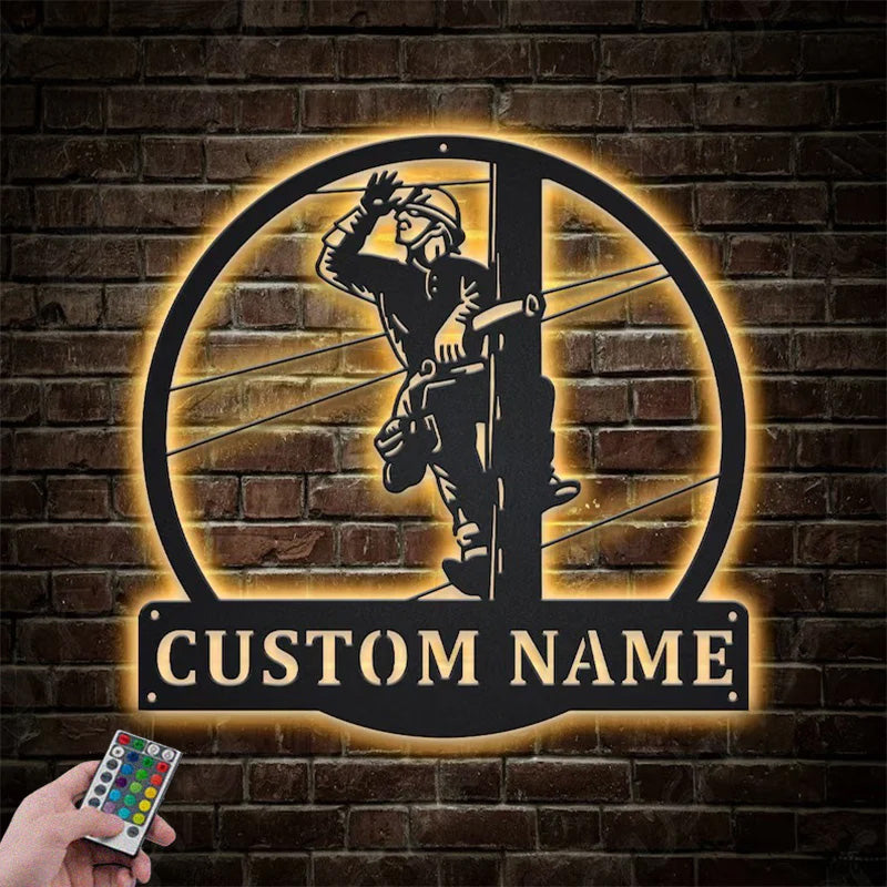 Custom Name Lineman Linework Metal Wall Signs With RGB Led Light