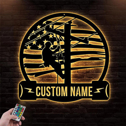 Custom Name Lineman Metal Wall Signs With RGB Led Light