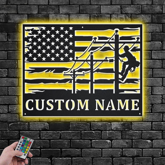 Custom Name Lineman USA Flag Round Metal Wall Signs With RGB Led Light