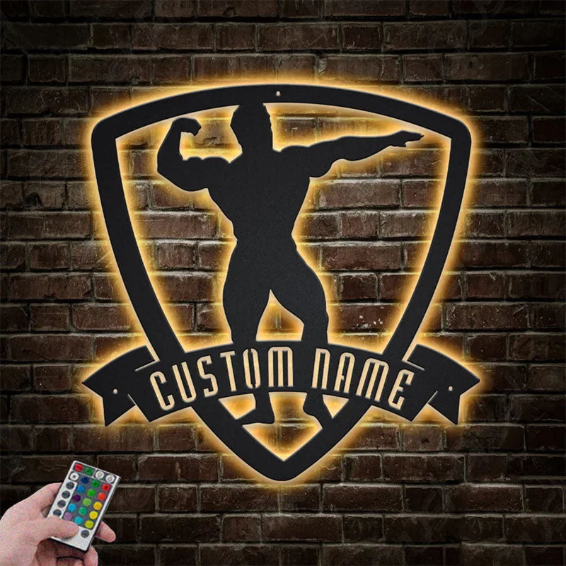 Custom Name Male Bodybuilder For Fitness Wall Art, Gym Room WeightLifting Metal Wall Signs With RGB Led Light
