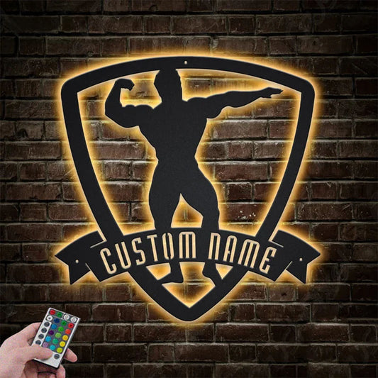 Custom Name Male Bodybuilder For Fitness Wall Art, Gym Room WeightLifting Metal Wall Signs With RGB Led Light