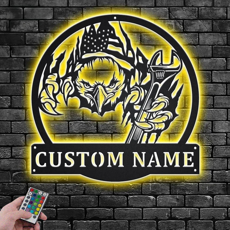 Custom Name Mechanic Garage Name Sign Decoration For Room, Metal Wall Signs With RGB Led Light