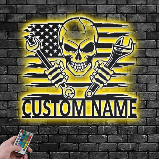 Custom Name Mechanic Garage Name Sign Decoration For Room, Metal Wall Signs With RGB Led Light