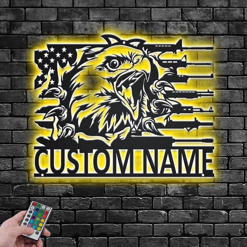 Custom Name Military Eagle Name Sign Decoration For Room, Metal Wall Signs With RGB Led Light
