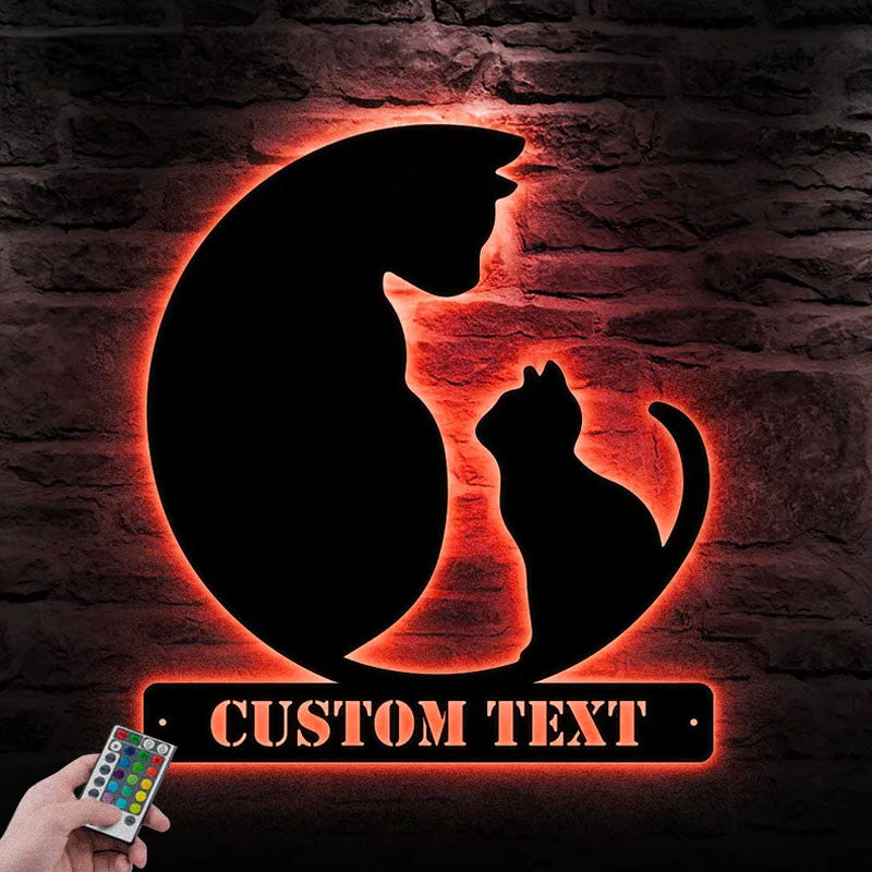 Custom Name Mom and Cat, Metal Wall Signs With RGB Led Light