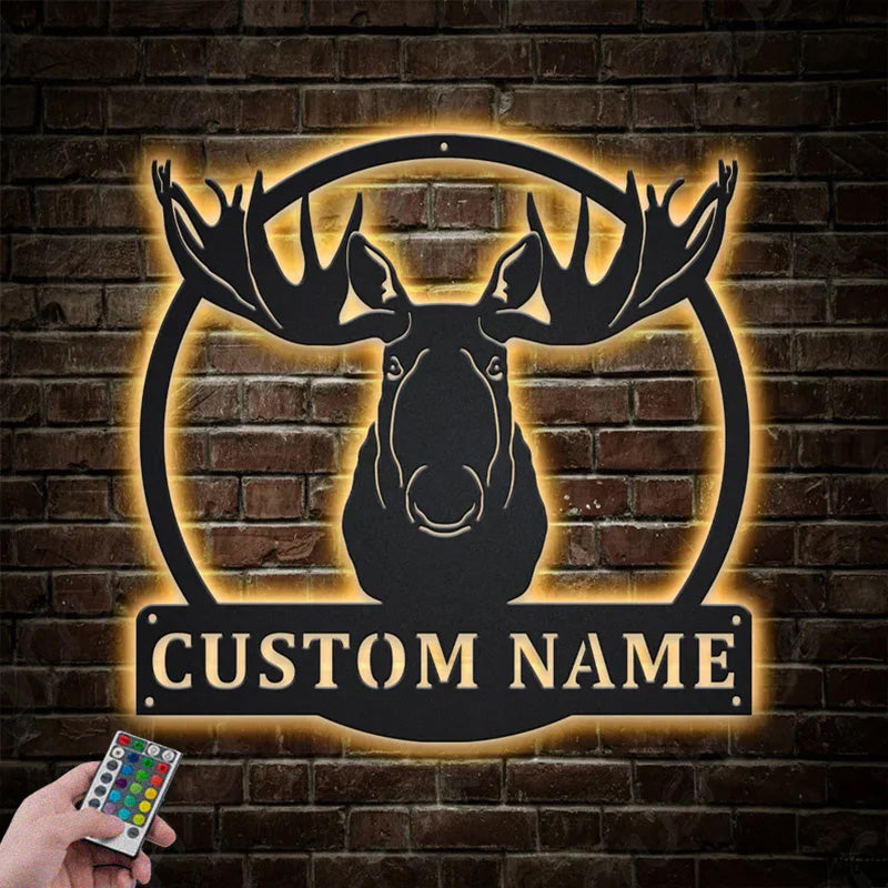 Custom Name Moose Head Anima Metal Wall Signs With RGB Led Light