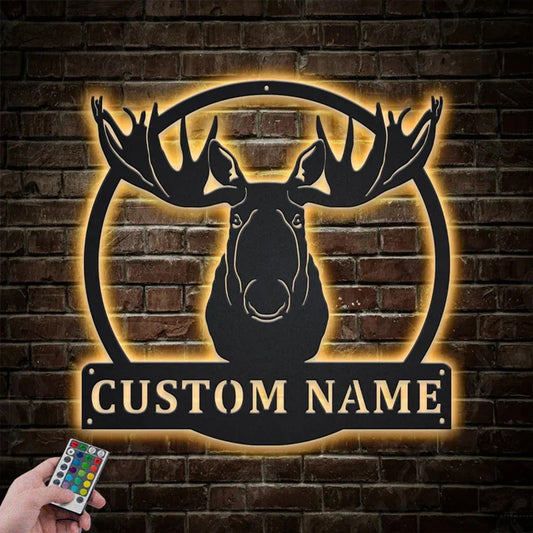 Custom Name Moose Head Anima Metal Wall Signs With RGB Led Light