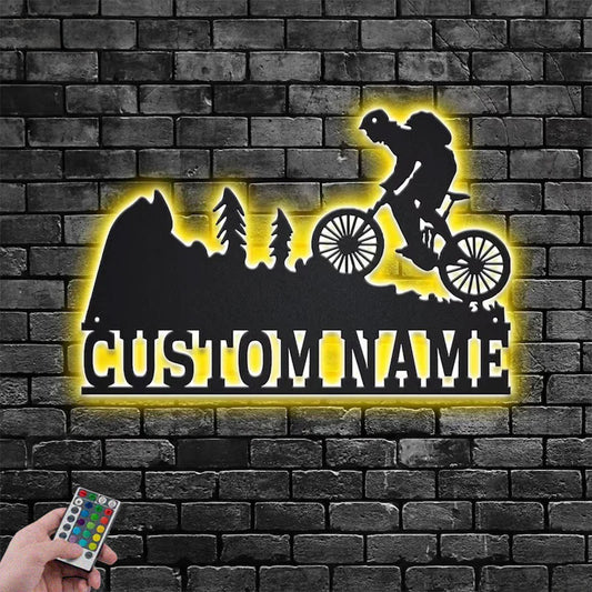 Custom Name Mountain Bike Name Sign Decoration For Room, Metal Wall Signs With RGB Led Light