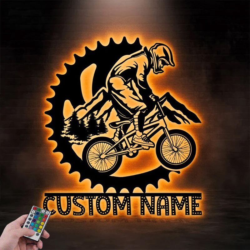 Custom Name Moutain Biking For Home A Half Of Chain Metal Wall Signs With RGB Led Light