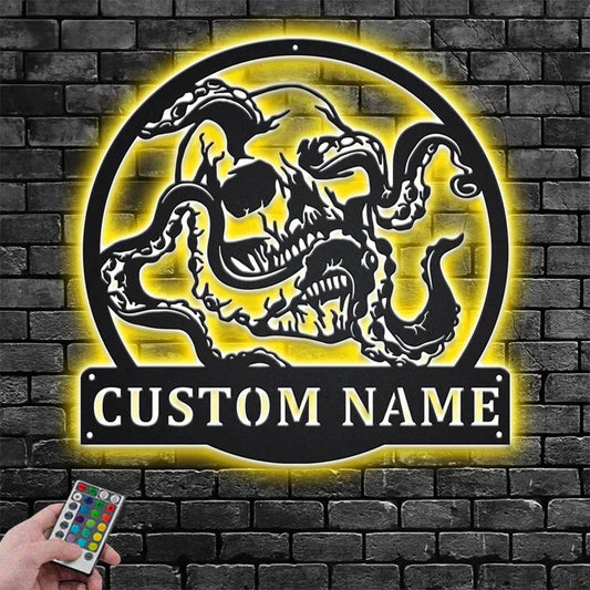 Custom Name Octopus Name Sign Decoration For Room, Metal Wall Signs With RGB Led Light