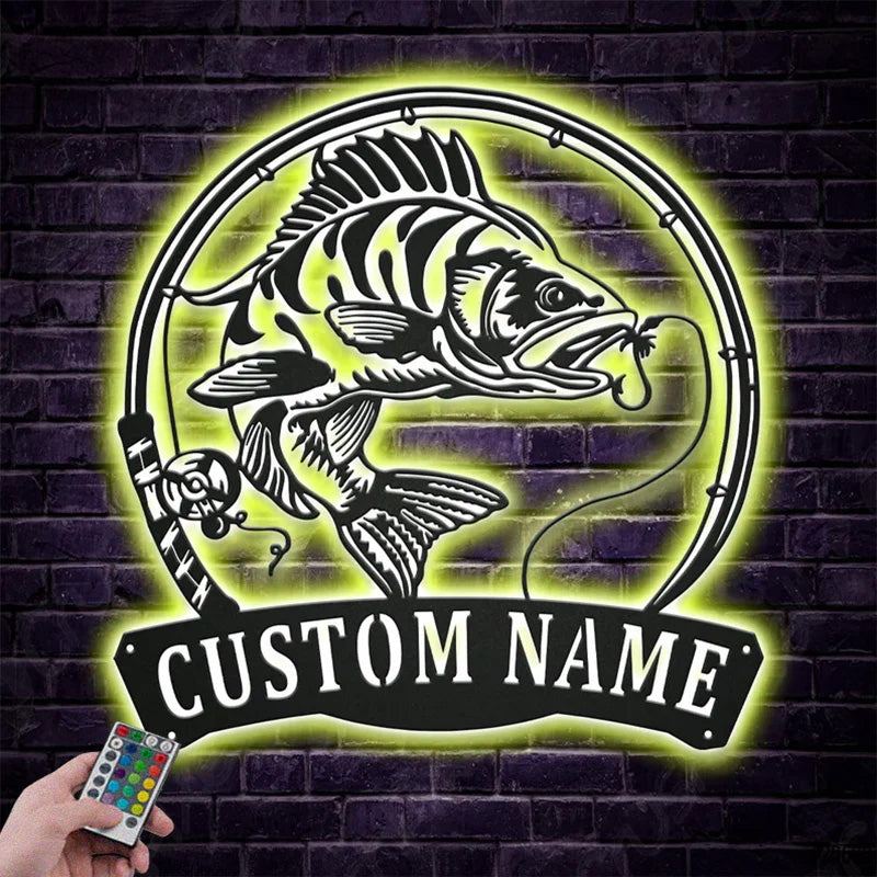 Custom Name Perch Fishing Fish Pole Metal Wall Signs With RGB Led Light