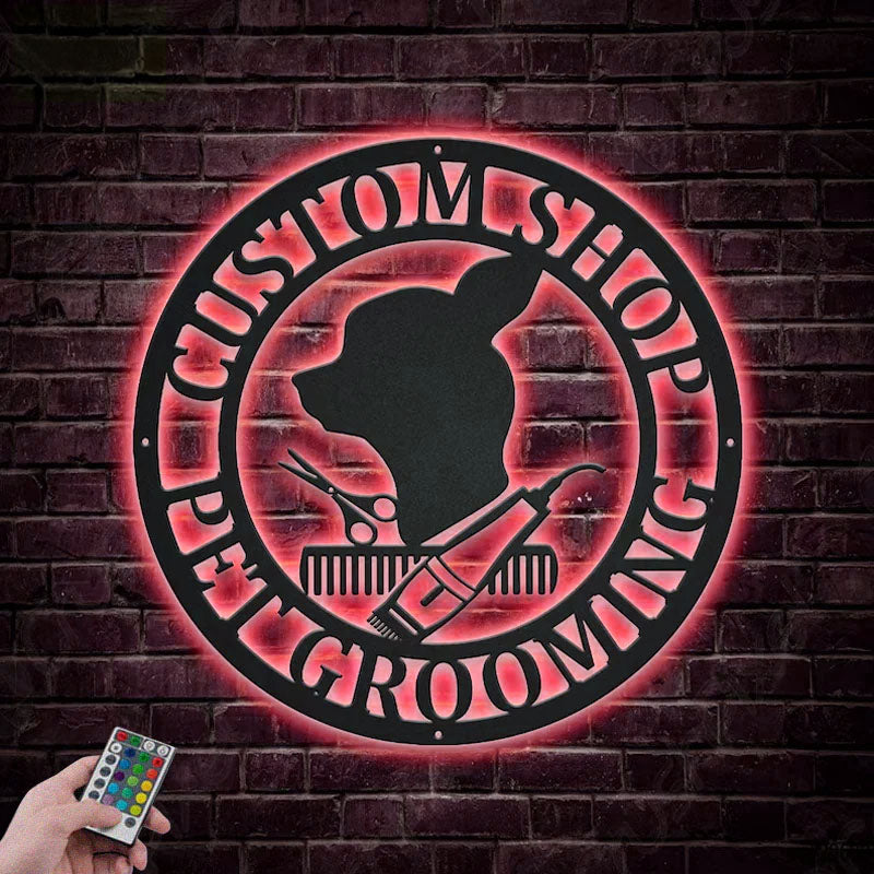 Custom Name Pet Grooming, Metal Wall Signs With RGB Led Light