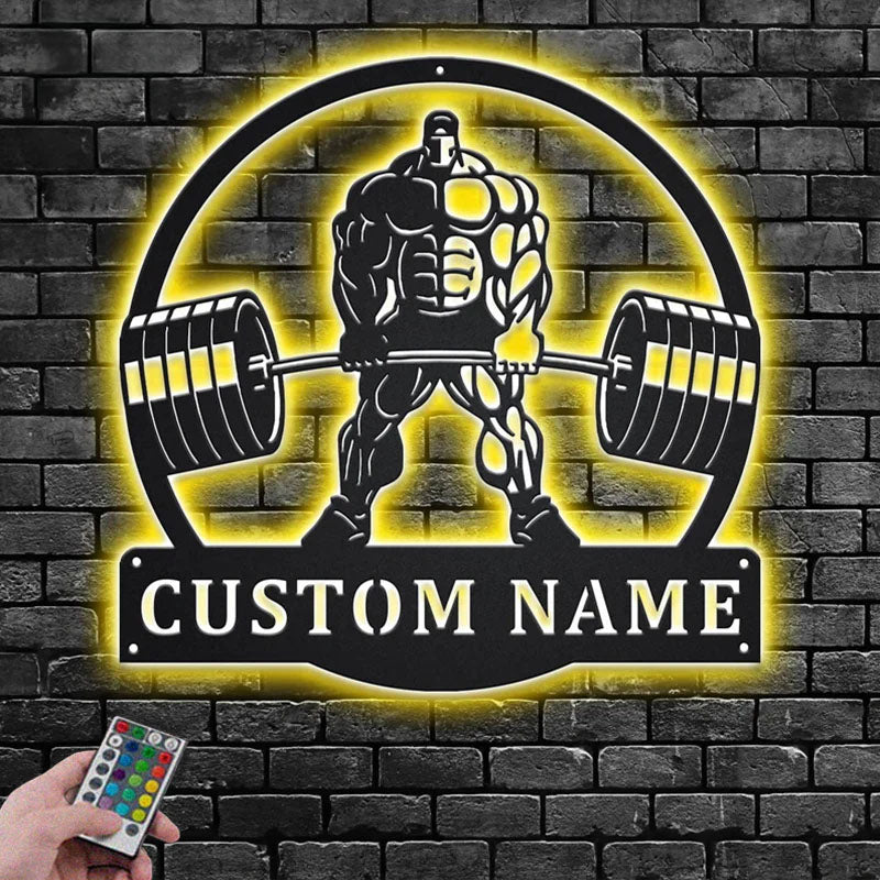 Custom Name Powerlifting Name Sign Decoration For Room, Metal Wall Signs With RGB Led Light