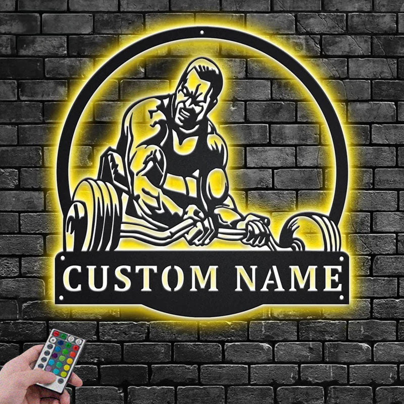 Custom Name Powerlifting Name Sign Decoration For Room, Metal Wall Signs With RGB Led Light