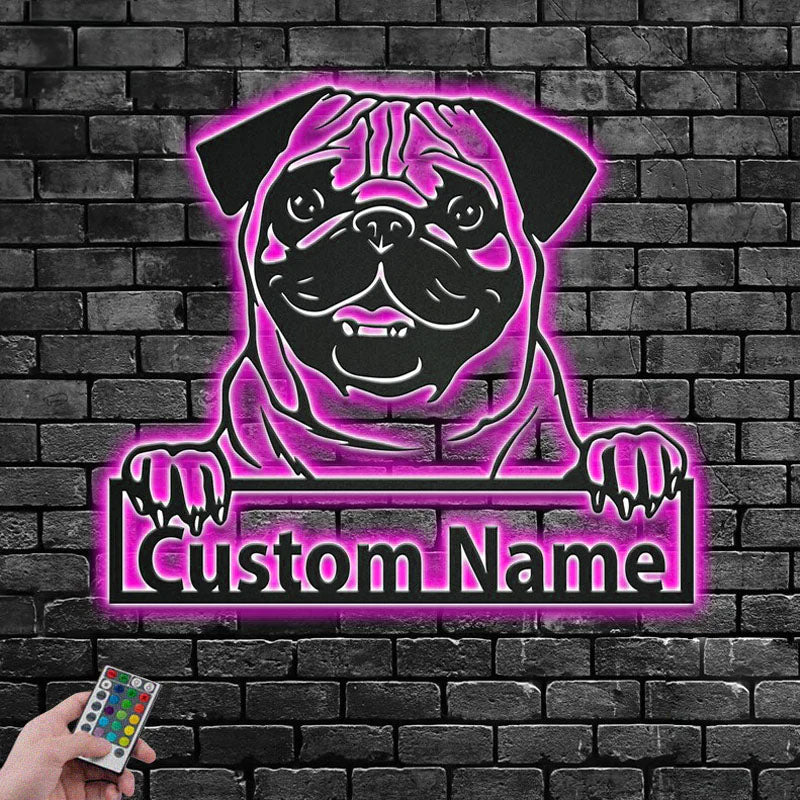 Custom Name Pug Name Sign Decoration For Dog Room, Metal Wall Signs With RGB Led Light