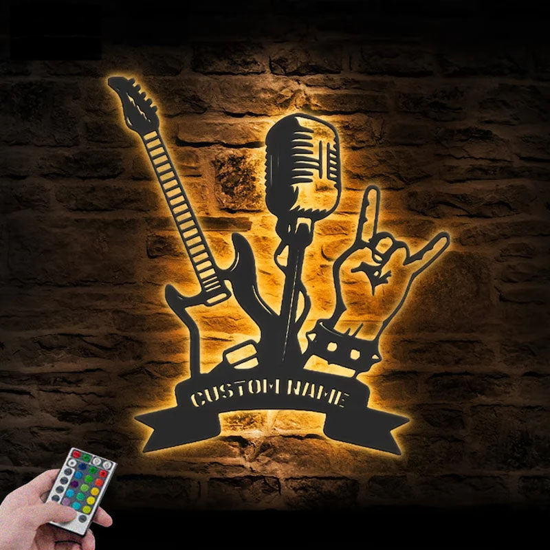 Custom Name Rock And Roll Name Sign Home Decor Music Room, Metal Wall Signs With RGB Led Light