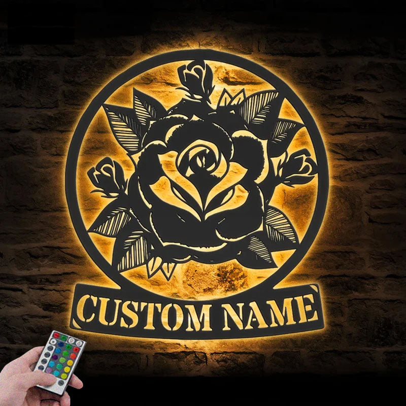Custom Name Rose Garden, Metal Wall Signs With RGB Led Light