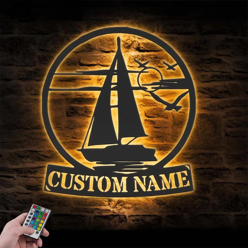 Custom Name Sailboat Metal Wall Signs With RGB Led Light