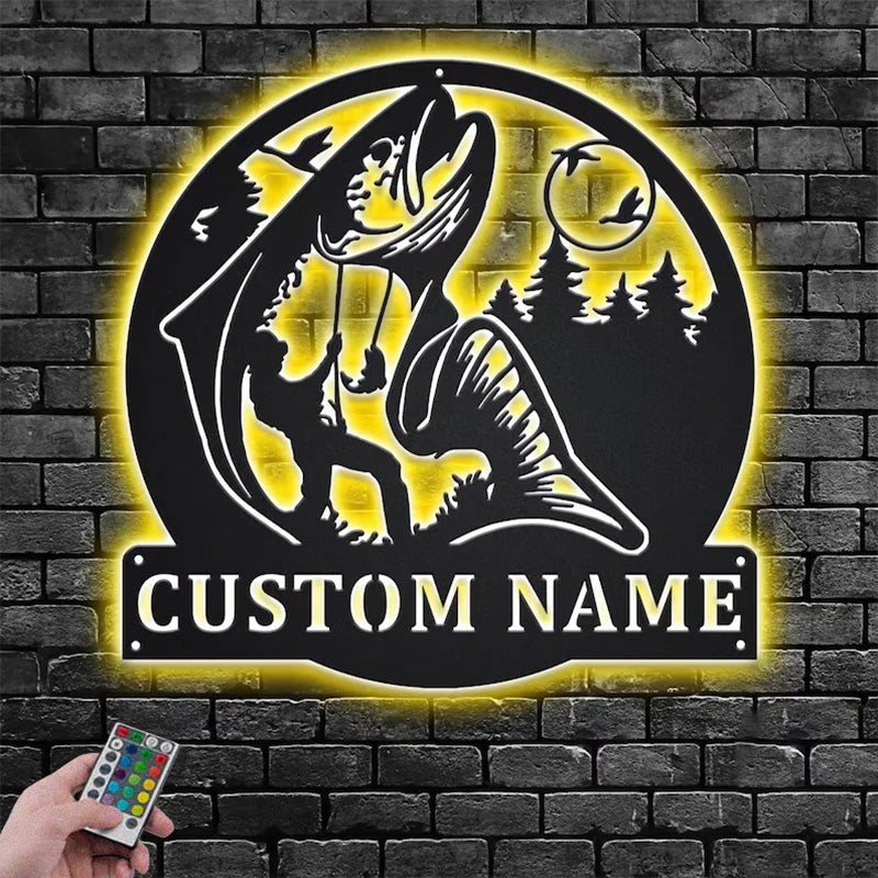 Custom Name Salmon Fisher Name Sign Decoration For Room Metal Wall Signs With RGB Led Light