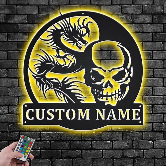 Custom Name Skull And Dragon Name Sign Decoration For Room, Metal Wall Signs With RGB Led Light