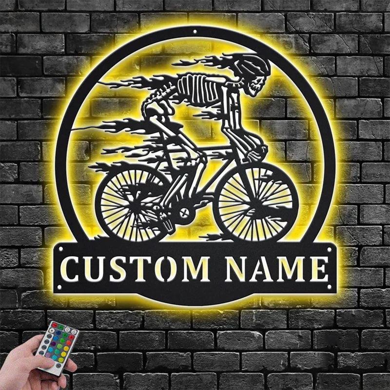 Custom Name Skull Bicycle Metal Wall Signs With RGB Led Light