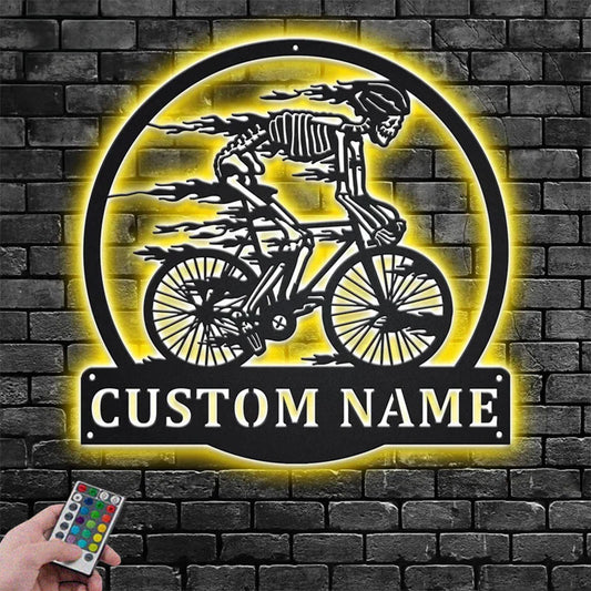 Custom Name Skull Bicycle Name Sign Decoration For Room, Metal Wall Signs With RGB Led Light